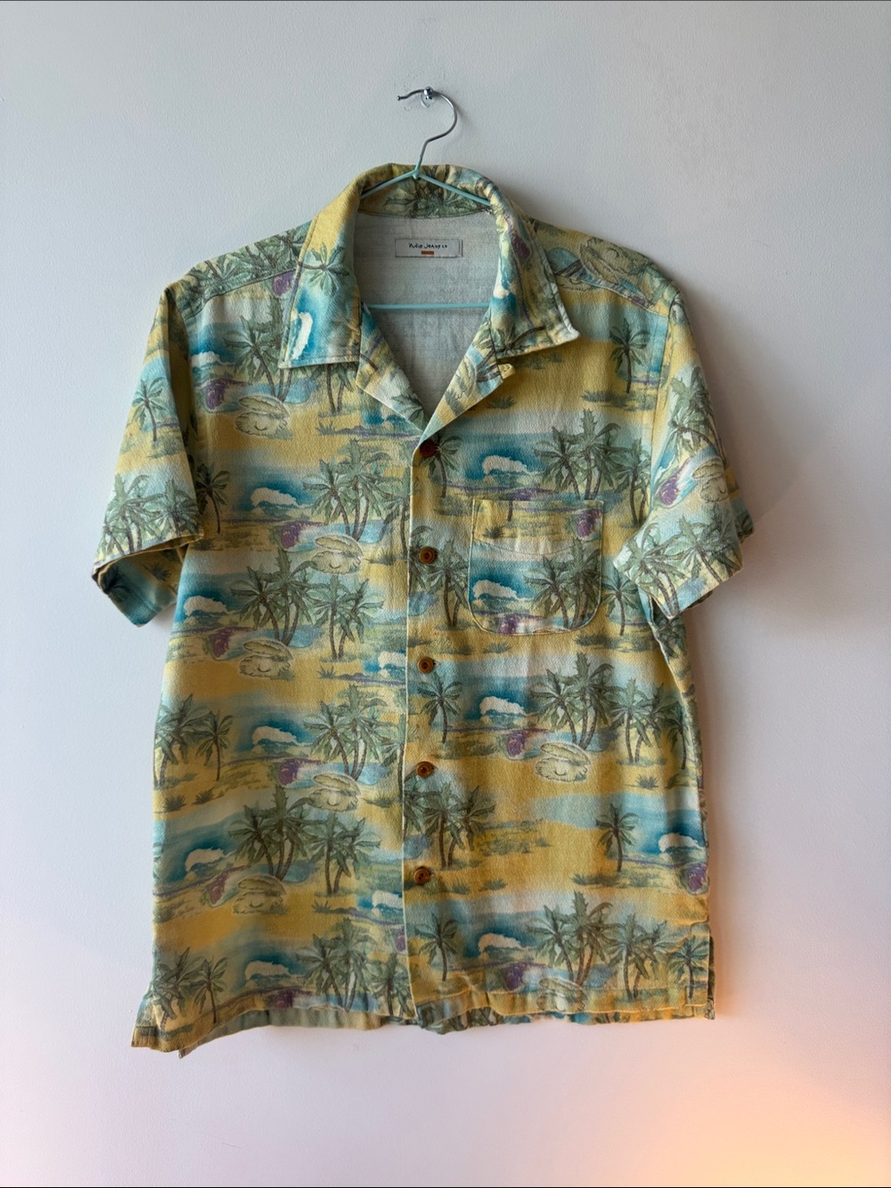 Nudie Jeans Yellow & Blue Palm Print Short Sleeve Button-Up